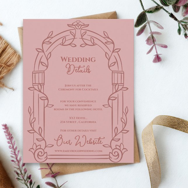 Cartão De Informações Dusty Rose Ornate Arch Botanical Wedding Details (Dusty Rose Ornate Arch Botanical Wedding Details Card | Elegant Wedding Information Enclosure)