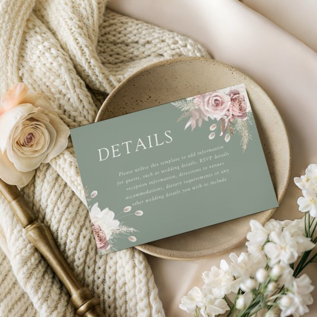 Cartão De Informações Dusty Rose & Sage, Blush Floral Wedding Details (Criador carregado)