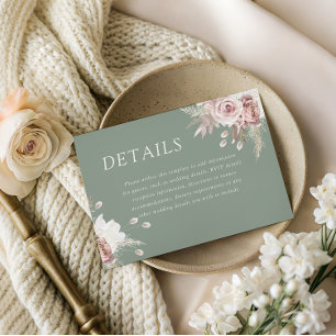 Cartão De Informações Dusty Rose & Sage, Detalhes de Casamento Floral Bl