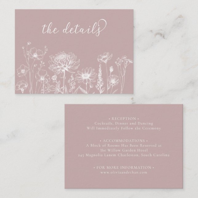 Cartão De Informações Dusty Rose Wildflower Details Card Wedding Insert (Frente/Verso)