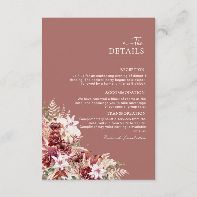 Cartão De Informações Dusty Rosewood & Blush Floral Wedding Details Card (Frente)