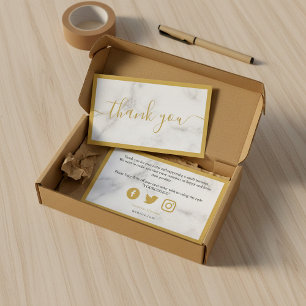 Cartão De Informações Efeito de mármore Dourado e branco, obrigado do cl