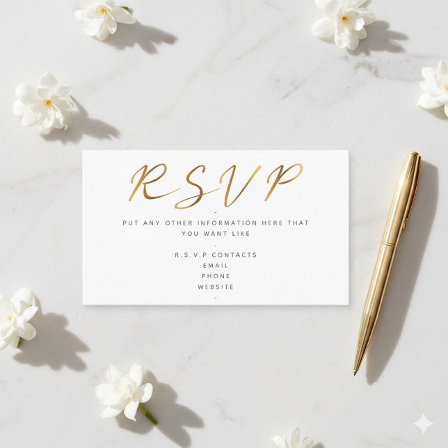 Cartão De Informações Efeito de texto dourado, branco RSVP (Gold and white wedding R.S.V.P enclosure card.)