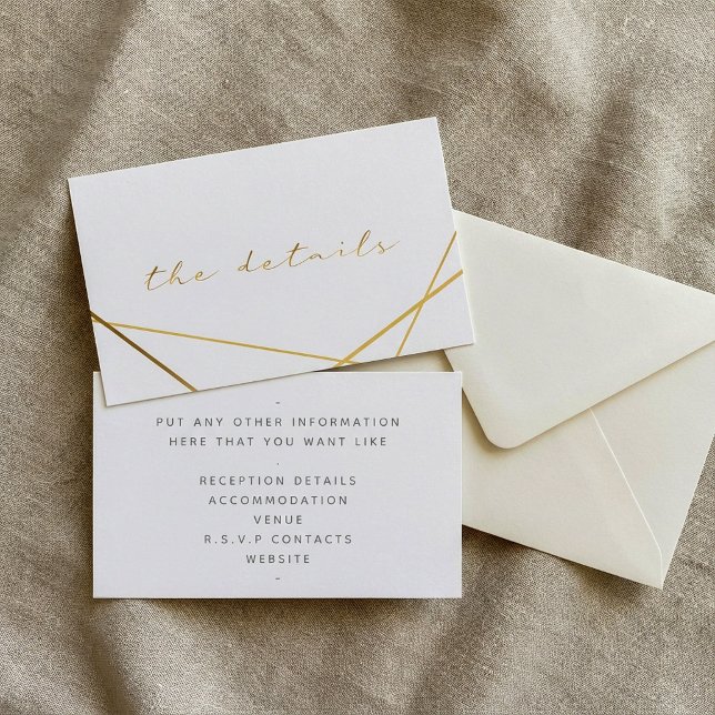 Cartão De Informações efeito Dourado, geométrico, os detalhes do casamen (Gold effect, geometric, the details wedding enclosure card.)
