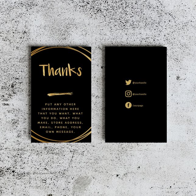 Cartão De Informações efeito Dourado, obrigado negro, seus vínculos soci (Black insert card that says "thanks" in fun gold text with gold rings and social media details.)