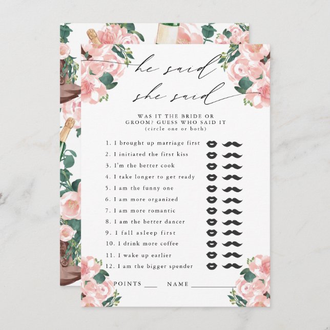 Cartão De Informações Ele Disse, Ela Disse Boots & Bubble Party Game (Frente/Verso)