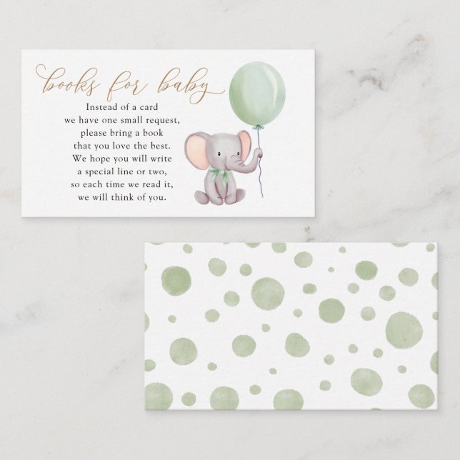 Cartão De Informações Elefante com Livro Verde do Balão para Bebê (Frente/Verso)