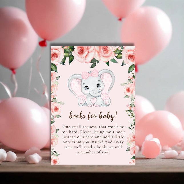 Cartão De Informações Elefante Cutie Blush Livros Florais Rosa para Bebê (Cutie Elephant Blush Pink Floral Books for Baby Enclosure Card)