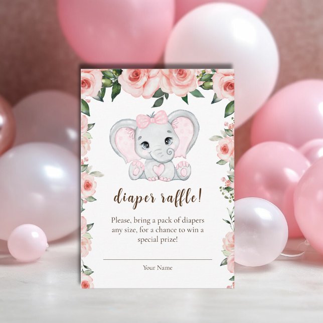 Cartão De Informações Elefante Cutil Blush Fralda Floral Rosa Raffle (Cutie Elephant Blush Pink Floral Diaper Raffle Enclosure Card)