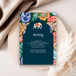 Cartão De Informações Elefante de Arte Popular Indiana Azul Escuro Detal