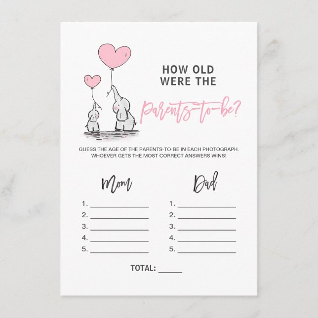 Cartão De Informações Elefante de GAME de chás de fraldas - Quantos anos (Frente)