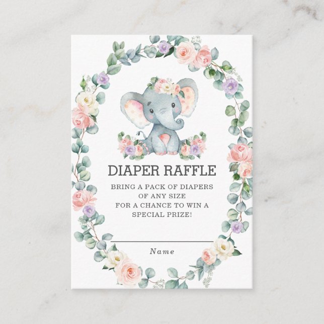 Cartão De Informações Elefante Floral Eucalyptus Greenery Fralda Raffle (Frente)