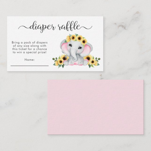 Cartão De Informações Elefante Rosa Girassóis Fralda Chá de fraldas Raff (Frente/Verso)