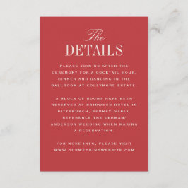 Cartão De Informações Elegância Clássica Vermelha Detalhes do Casamento