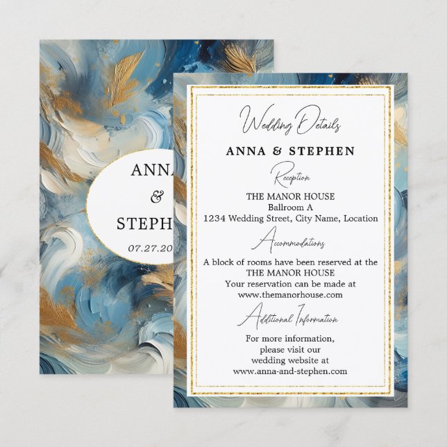Cartão De Informações Elegância Contemporânea: Detalhes Dourados Azul Br (Frente/Verso)