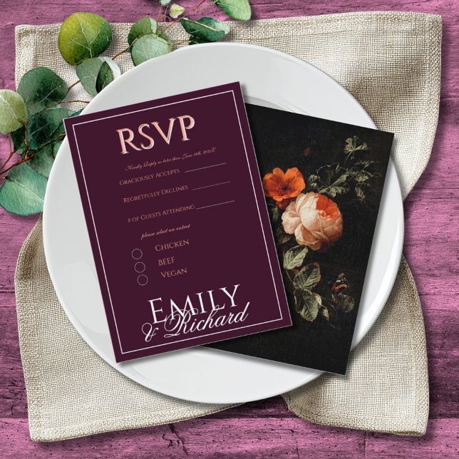 Cartão De Informações Elegant Antique Floral Wedding RSVP Meal Choices (Criador carregado)