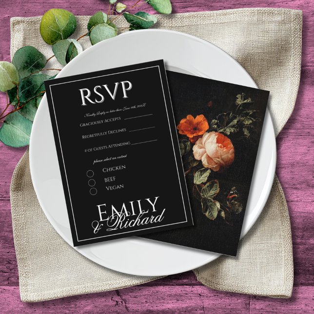 Cartão De Informações Elegant Antique Floral Wedding RSVP Meal Choices (Criador carregado)