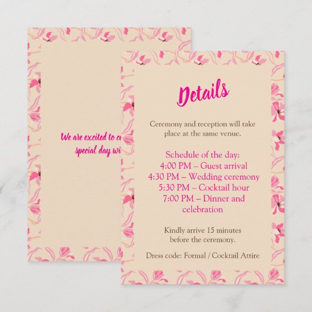 Cartão De Informações Elegant Beige & Blush Pink Floral Wedding (Frente/Verso)