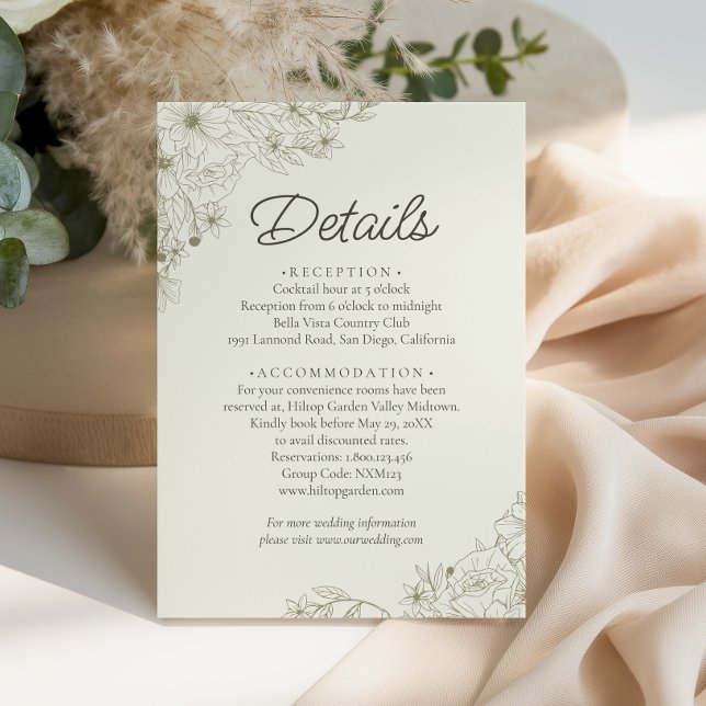 Cartão De Informações Elegant Beige Floral Script Wedding Details (Criador carregado)