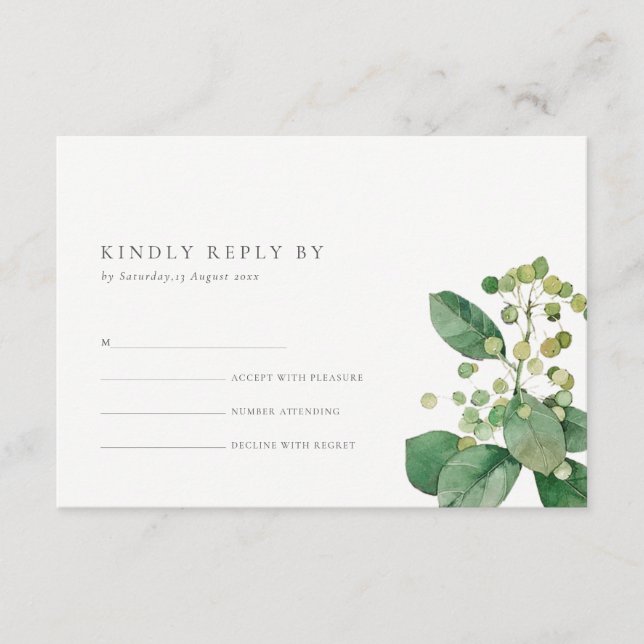 CARTÃO DE INFORMAÇÕES ELEGANT BERRY LEAFY FOLIAGE GREENERY WEDDING RSVP (Frente)