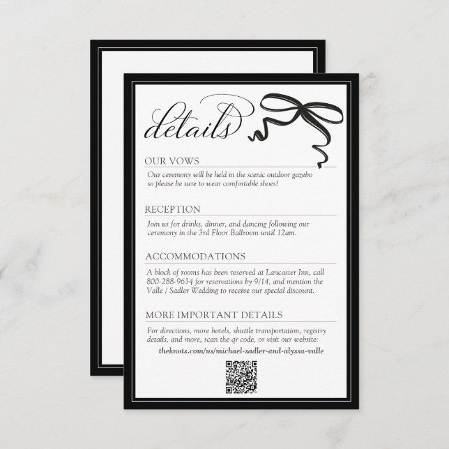 Cartão De Informações Elegant Black and White Bow Simple Wedding Details (Frente/Verso)