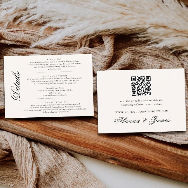 Cartão De Informações Elegant Black and White Wedding Details & QR RSVP  (Criador carregado)