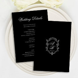 Cartão De Informações Elegant Black Floral Crest Monogram Script Wedding
