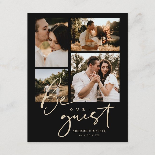 Cartão De Informações Elegant Black Gold Trendy Collage Wedding 4-Photo (Frente)