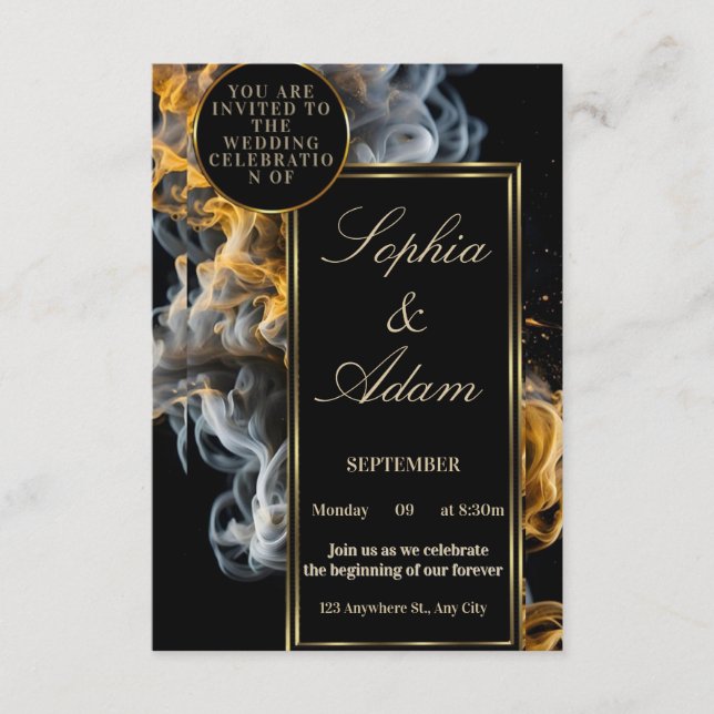 Cartão De Informações Elegant Black & Gold Wedding Invitation (Frente)