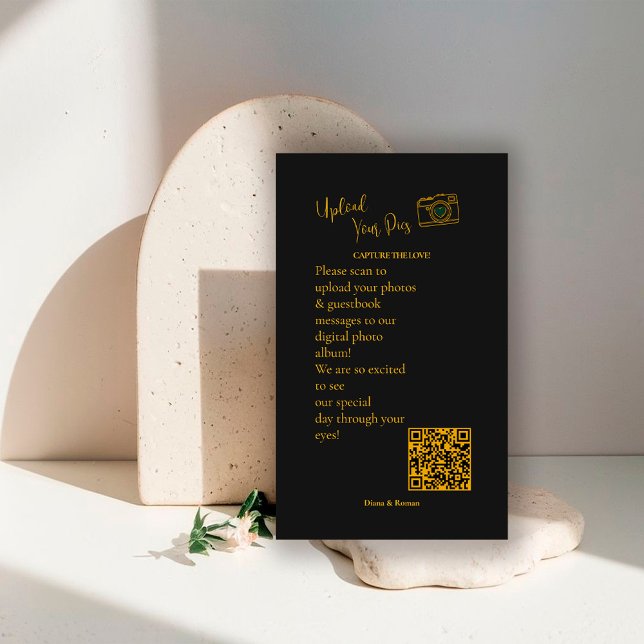 Cartão De Informações Elegant Black Gold Wedding Photo Sharing QR Code   (Criador carregado)