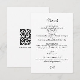 Cartão De Informações Elegant Black White Script Monogram QR Wedding