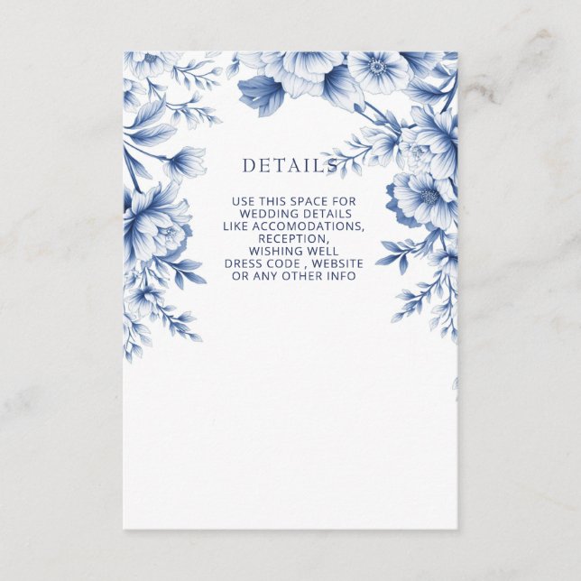 Cartão De Informações Elegant Blue Chinoiserie Floral Botanical Wedding (Frente)