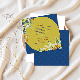 Cartão De Informações Elegant Blue Floral Gold Citrus Wedding Details