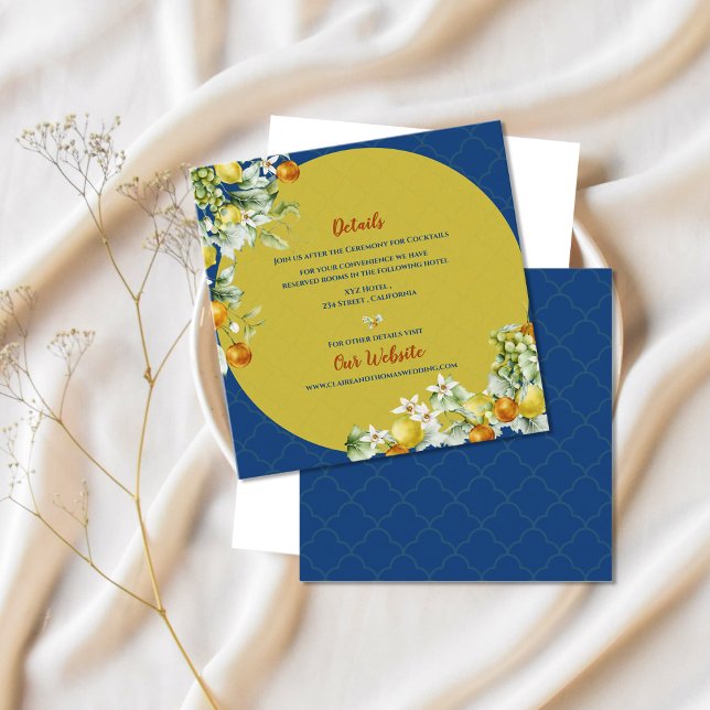 Cartão De Informações Elegant Blue Floral Gold Citrus Wedding Details (Elegant Blue Floral Gold Citrus Wedding Details Enclosure Card)