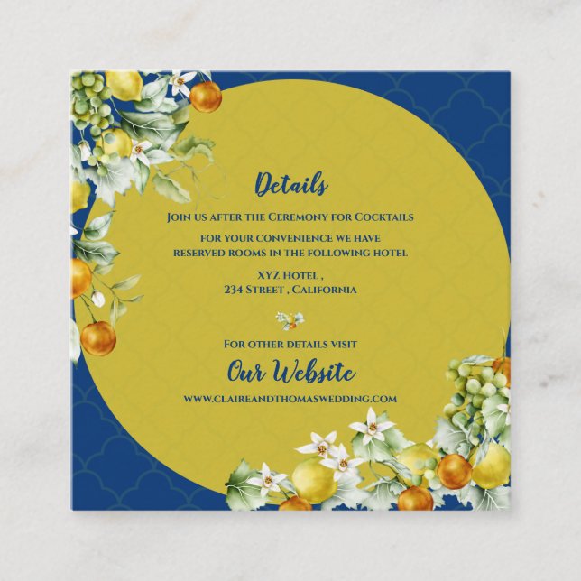 Cartão De Informações Elegant Blue Floral Gold Citrus Wedding Details (Frente)