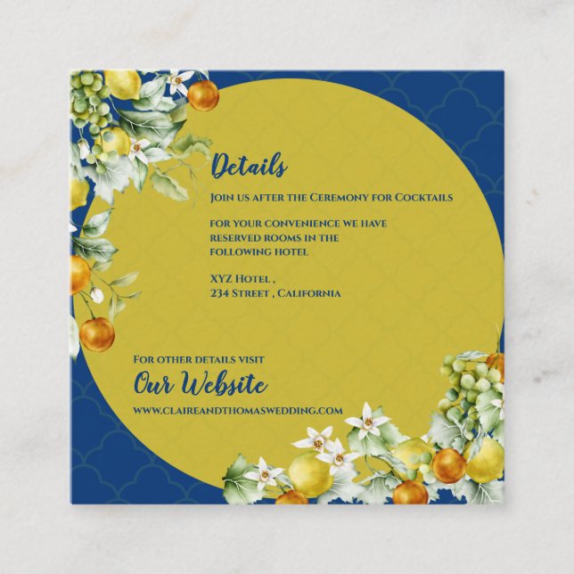 Cartão De Informações Elegant Blue Gold Citrus Floral Wedding Details (Frente)