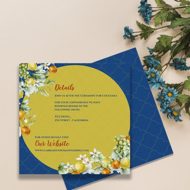 Cartão De Informações Elegant Blue Gold Citrus Floral Wedding Details (Elegant Blue Gold Citrus Floral Wedding Details Enclosure Card)