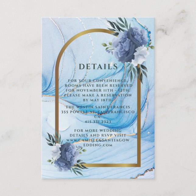 Cartão De Informações Elegant Blue & Gold Wedding Enclosure Card  (Frente)