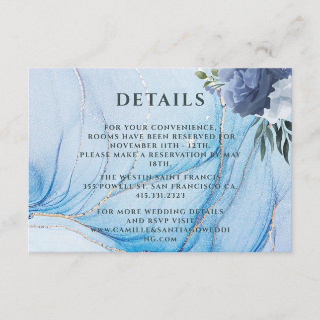 Cartão De Informações Elegant Blue & Gold Wedding Enclosure Card  (Frente)