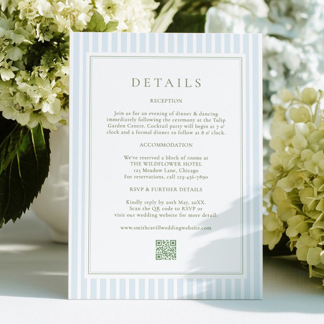 Cartão De Informações Elegant Blue Stripes Sage Wedding Details Card (Criador carregado)