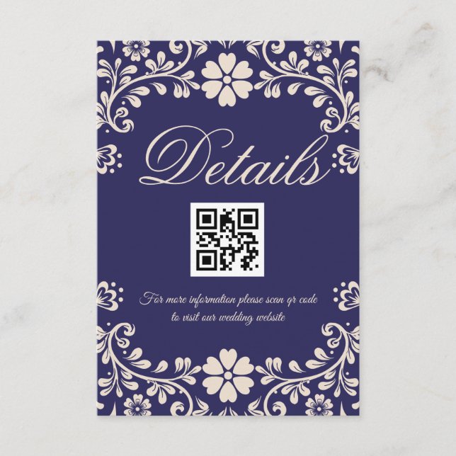 Cartão De Informações Elegant Blue Wedding Qr code Details (Frente)