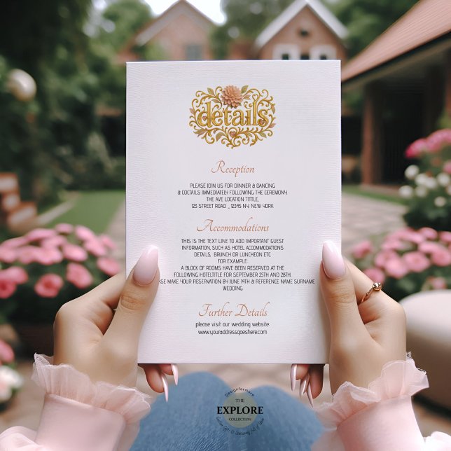 Cartão De Informações Elegant Blush Dahlias Golden Script Wedding (Criador carregado)