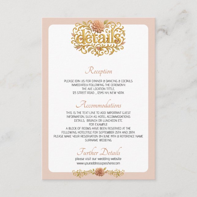 Cartão De Informações Elegant Blush Dahlias Golden Script Wedding (Frente)