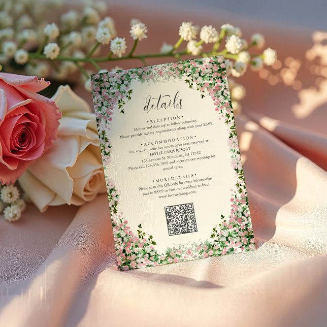 Cartão De Informações Elegant Blush Garden Wedding Details with QR code (Criador carregado)