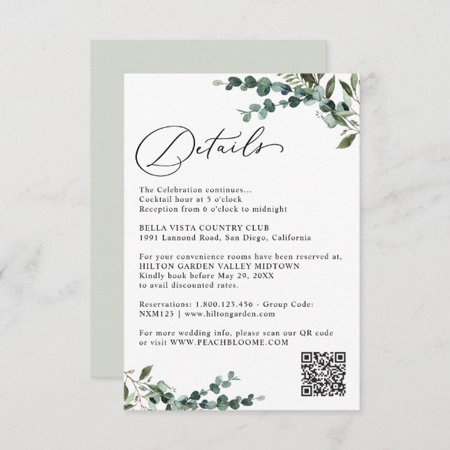 Cartão De Informações Elegant Botanical Greenery QR Code Wedding Details (Frente/Verso)