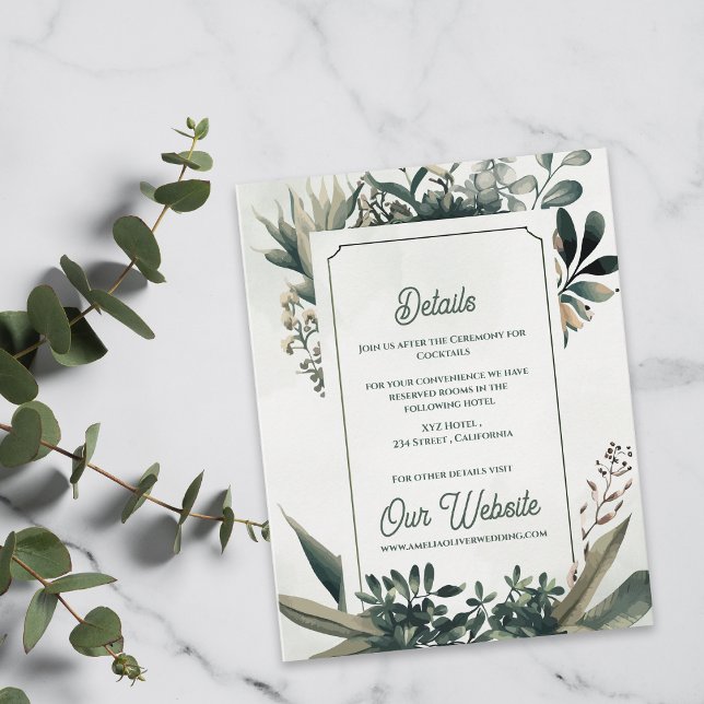 Cartão De Informações Elegant Botanical Greenery Wedding Details (Elegant Botanical Greenery Wedding Details Card | Sage Green Garden Wedding Enclosure)