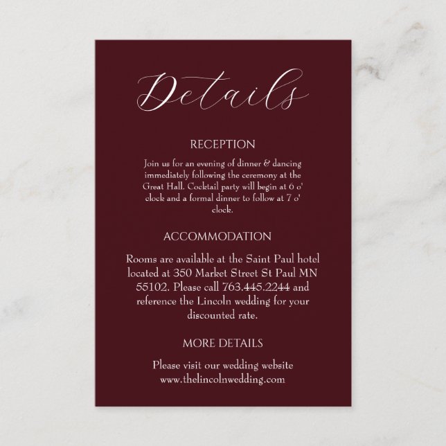 Cartão De Informações Elegant Burgundy Minimalist Wedding (Frente)