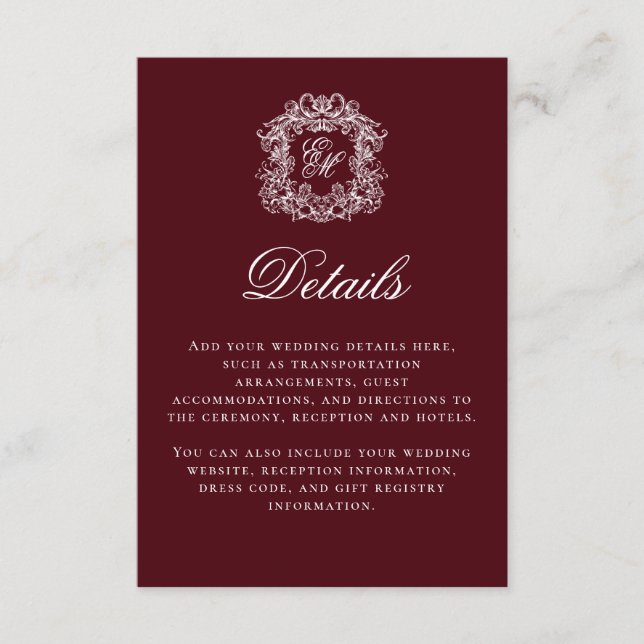 Cartão De Informações Elegant Burgundy Monogram Crest Wedding Details (Frente)