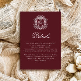 Cartão De Informações Elegant Burgundy Monogram Crest Wedding Details