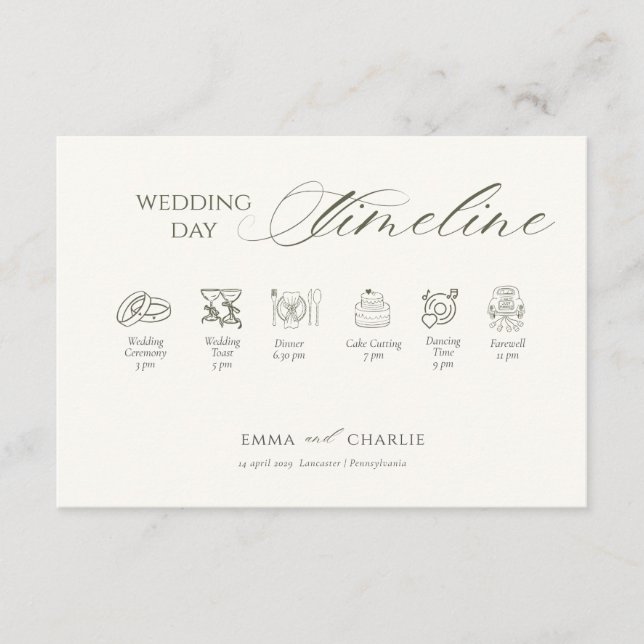 Cartão De Informações Elegant Calligraphy  Wedding Day Timeline (Frente)